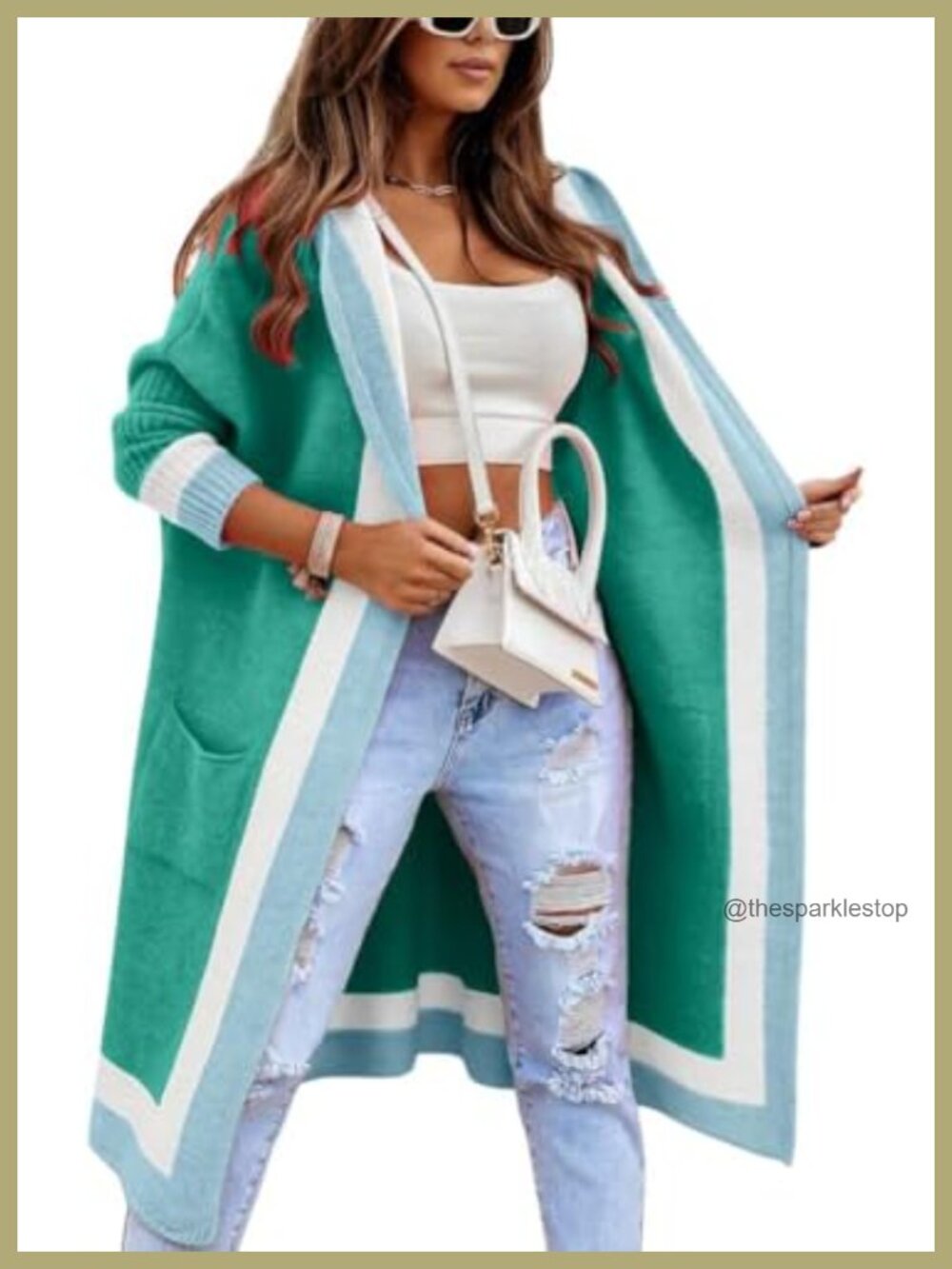 Womens Color Block Striped Hooded Knit Long Cardigan Oversized Open Front
